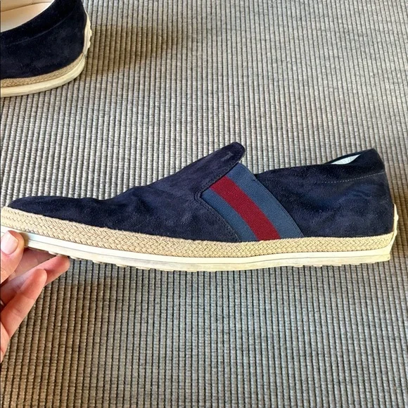 Tod's Navy Suede Slip-On Loafers with Red & Blue Webbing - Picture 6 of 9